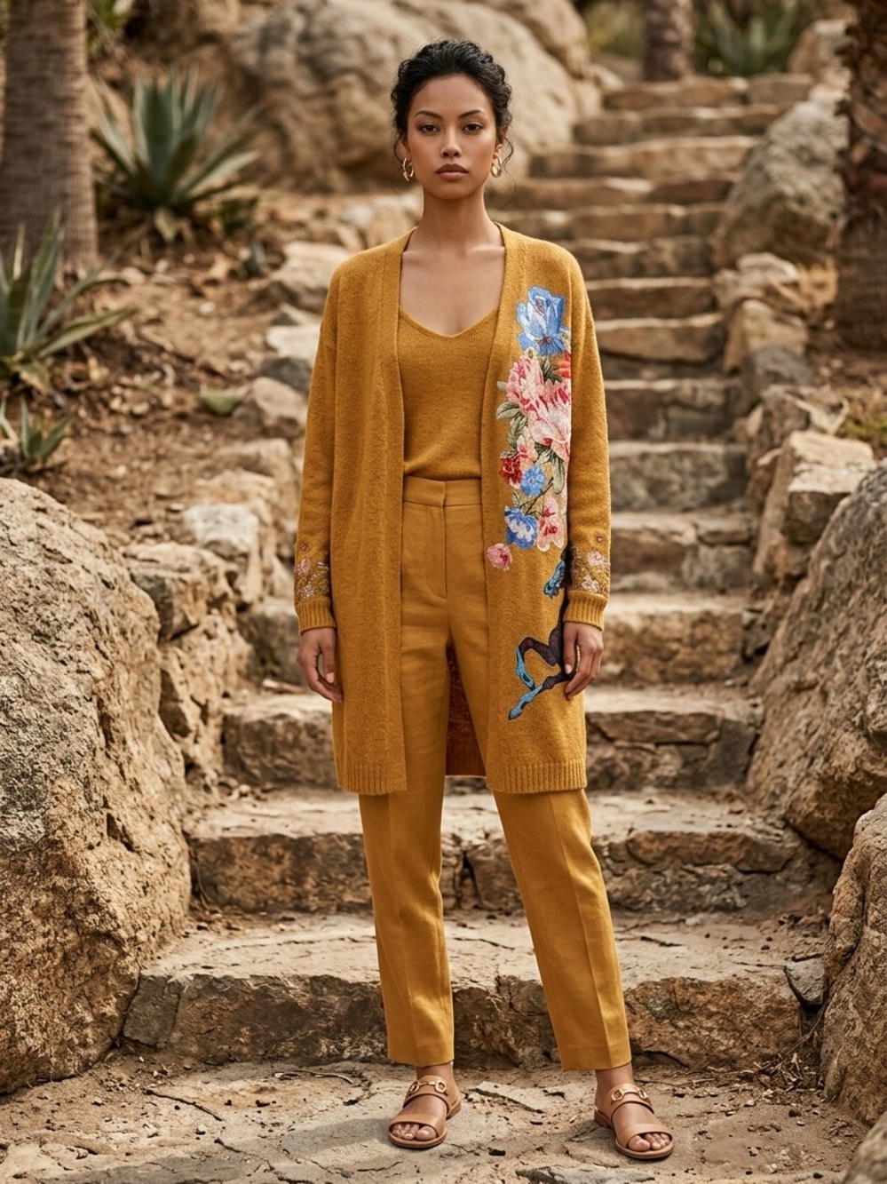 ARATTA Mustard Floral-Embroidered Knit Cardigan with horse print